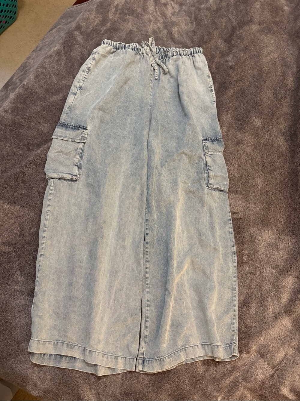Mystree Light Wash Denim 100% Tencel Wide Leg Cargo Utility Pants sz Medium